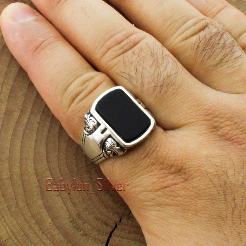 Babylon Silver Solid 925 Sterling Silver Onyx Stone Turkish Handmade Eagle Design Luxury Heavy Men's Ring (12) - Image 5
